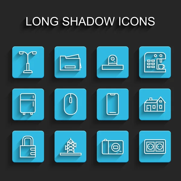 セットラインセーフコンビネーションロック、アンテナ、ストリートライト、写真カメラ、電気コンセント、コンピュータマウス、ハウス、スマートフォンのアイコンを設定します。ベクトル — ストックベクタ