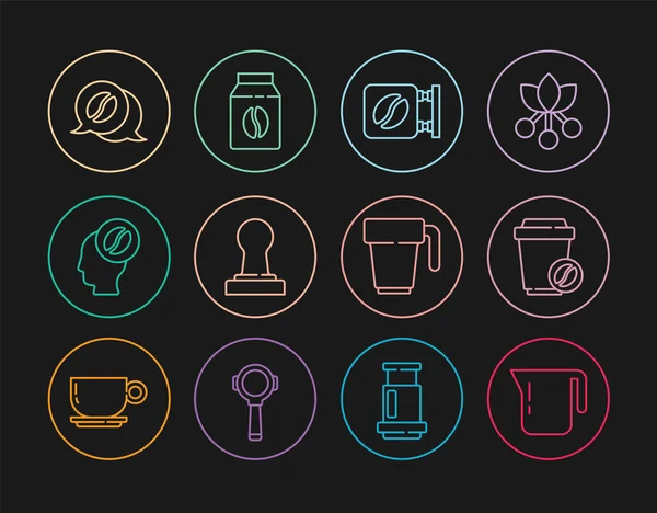 Establecer línea Cafetera, taza para llevar, calle letrero de café, manipulación, Barista, y la conversación, y Bolsa de frijoles icono. Vector — Vector de stock