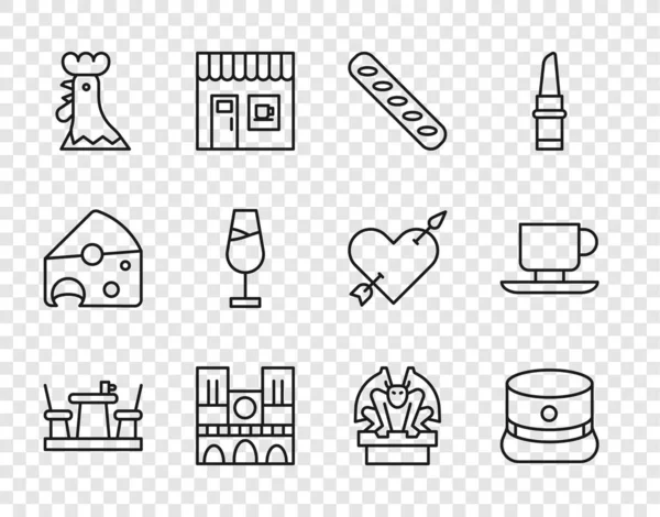 Set line French cafe, Kepi, baguette bread, Notre Dame, rooster, Wine glass, Gargoyle on pedestal and Coffee cup icon. Vector — 스톡 벡터