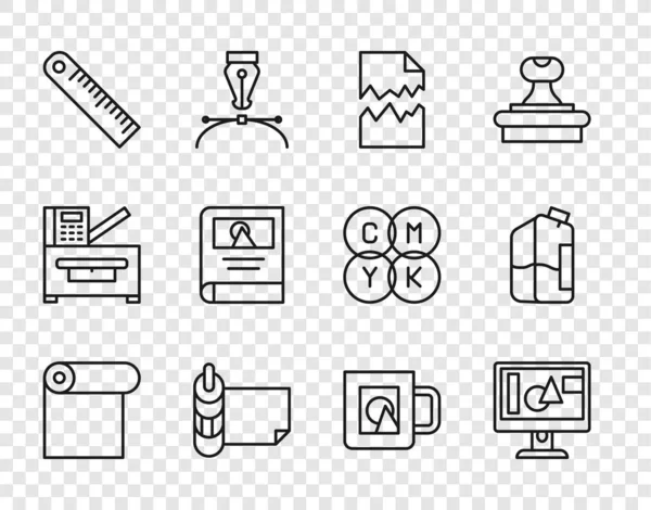 Set lijn Roll van papier, Computer monitor scherm, gescheurd document, Heerser, Fotoalbum galerij, Koffiekop en Printer inkt fles pictogram. Vector — Stockvector