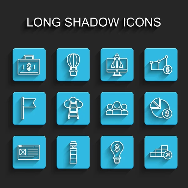 Setzen Sie Linie Browserfenster, Leuchtturm, Aktentasche und Geld, Lampe mit Dollar, Finanzwachstum, Treppe Finish Flagge, Tortendiagramm und Benutzergruppen-Symbol. Vektor — Stockvektor