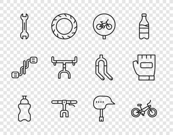 Set linea Bottiglia sportiva con acqua, bicicletta, manubrio, chiave inglese, casco e icona dei guanti. Vettore — Vettoriale Stock