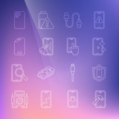 Hattı bozuk ekran, kalkan, cam koruyucu, USB kablo kablosu, akıllı telefon ve telefon servis ikonu ile ayarla. Vektör