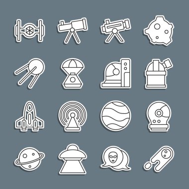 Kuyrukluyıldızın hızla düşmesi, astronot miğferi, astronomik gözlemevi, Teleskop, uzay kapsülü, uydu, kozmik gemi ve simge. Vektör