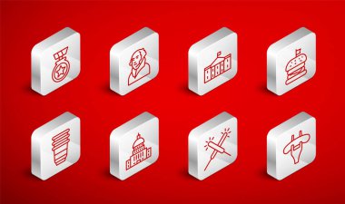 Yol ayrımında Sosis, George Washington, Amerikan Kongre Kongresi, Burger, Sparkler havai fişekleri, Yıldız Madalyası, Beyaz Saray ve Kağıt cam ikonu. Vektör