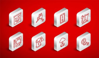 Hat fiyatı düşüşü, fabrikanın kapanması, mobil hisse senedi ticareti, ham petrol fiyatını düşürme, Storm, Pie grafiği bilgisi ve kontrat para ve kalem ikonu. Vektör