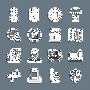 Uçak pervanesi, bavullu konveyör bandı, dünya seyahati haritası, helikopter iniş pisti alkol yok, modern pilot kaskı, konum ve ikon. Vektör