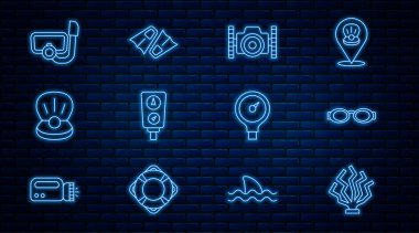 Sıra Coral, yüzmek için gözlük, fotoğraf makinesi dalgıcı, ölçü ölçeği, Pearl, şnorkelli dalış maskesi ve Flippers ikonu. Vektör