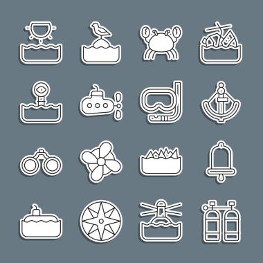 Hat Aqualung, Gemi Çanı, Anchor, Yengeç, Denizaltı, Periscope, Güneş ve Dalış Maskesi ve Şnorkel ikonu. Vektör