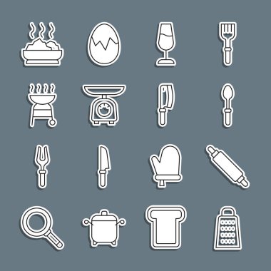 Hat Grater, merdane, çay kaşığı, şarap kadehi, pullar, ızgara ızgara, bir kase sıcak çorba ve et dilimi ikonu. Vektör
