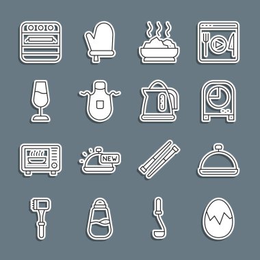 Sabit hat kırılan yumurta, tepsi dolusu yiyecek, mutfak saati, sıcak çorba, önlük, şarap kadehi, fırın ve elektrikli su ısıtıcısı ikonu ile kaplı. Vektör