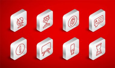 Eski kum saati, ödül kupası, Kulak dinleme ses sinyali, Yanıtlı Konuşma baloncukları, USB flash disk, Dünya küresi, tebeşir tahtası ve Ünlem simgesi. Vektör