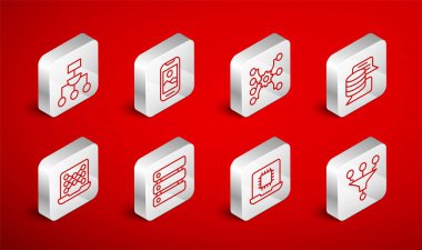 Hat hunisi veya filtresi, cep telefonu, sinirsel ağ, sunucu, veri, işlemci işlemcisi, algoritma ve simgeyi ayarla. Vektör