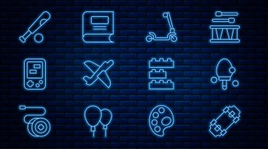 Çizgili kaykay, raket, patenli scooter, oyuncak uçak, Tetris elektronik oyun, topla beysbol sopası, yapı taşı tuğlaları ve kitap ikonu. Vektör
