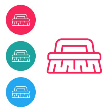 Temizlik simgesi için kırmızı çizgi fırçası beyaz arkaplanda izole edildi. Temizlik hizmeti konsepti. Simgeleri daire düğmelerine ayır. Vektör İllüstrasyonu