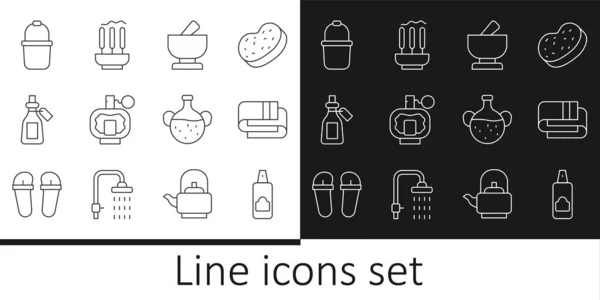 A line Spray can for hair spray, Towel stack, Mortar and pestle, Aftersham, Essential oil bottle, Sauna bucket, Incense sticks icon. Vector — 스톡 벡터