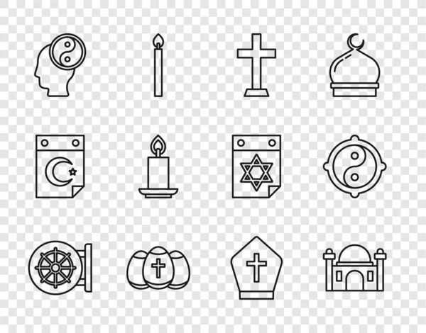 Set line Rueda del Darma, Mezquita Musulmana, Cruz Cristiana, Huevo de Pascua, Yin Yang, Vela Ardiente, Sombrero del Papa e icono. Vector — Archivo Imágenes Vectoriales