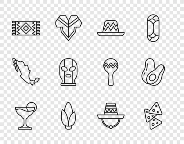 Set line Margarita cocktail, Nachos, Mexican sombrero, Corn, carpet, wrestler, and Avocado fruit icon. Vector — Stock Vector