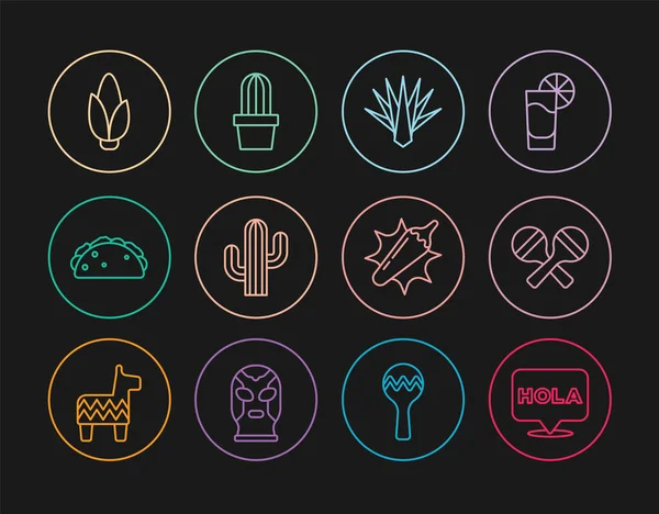 Set line Hola, Maracas, Agave, Cactus, Taco con tortilla, Maíz, Pimienta picante y suculenta en maceta icono. Vector — Vector de stock