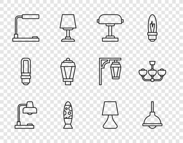 Définir la ligne Lampe de table, Lampe suspendue, Sol, Lumière de jardin et icône de lustre. Vecteur — Image vectorielle