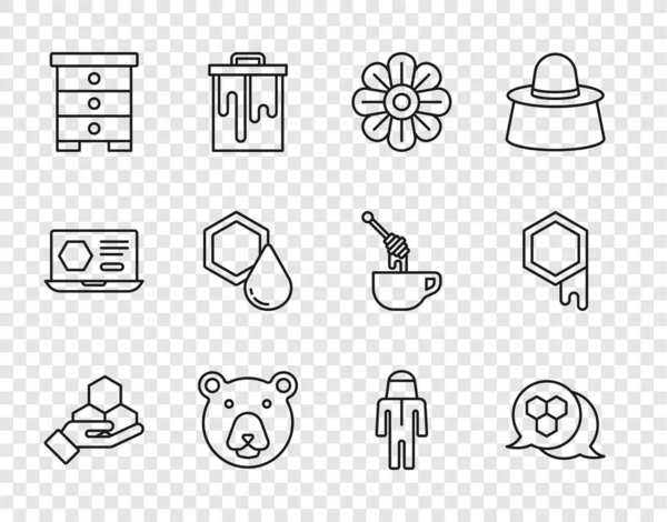 Set line Honeycomb and hand, Flower, Bear head, Hive for bees, Beekeeper with protect hat and icon. Vector — Stock Vector