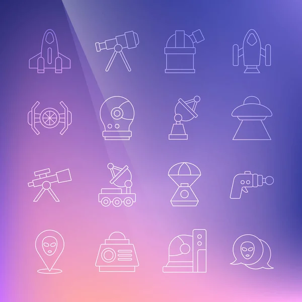 Set line Alien, Ray gun, UFO flying spaceship, Astronomical observatory, Astronaut helmet, Cosmic, Rocket and Satellite dish icon. Vector — Stock Vector