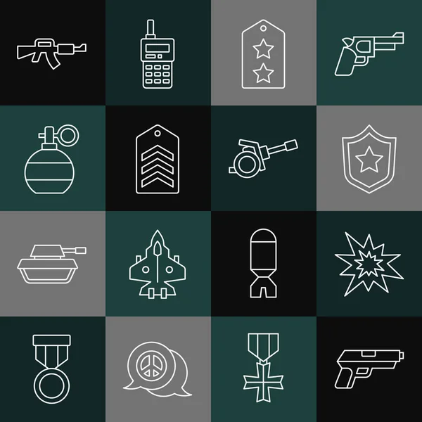 Set línea pistola o pistola, explosión de la bomba, insignia de la policía, rango militar, Chevron, granada de mano, rifle M16A1 y el icono del obús. Vector — Archivo Imágenes Vectoriales