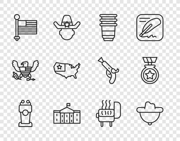 Definir linha Estante de palco ou tribuno, chapéu de cowboy ocidental, vidro de papel, Congresso Capitólio dos Estados Unidos, bandeira americana, mapa dos EUA, churrasqueira e medalha com ícone de estrela. Vetor — Vetor de Stock