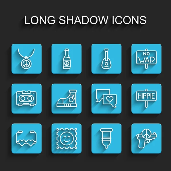 ラインを設定ハート型の愛の眼鏡、 LSD酸マーク、平和のシンボル、コンドーム、戦争、スニーカー、平和とスピーチバブルチャットアイコンを持つネックレス。ベクトル — ストックベクタ