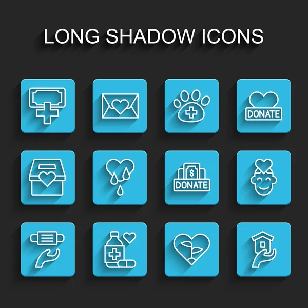 ラインを設定医療保護マスク、医療用ボトルと薬、寄付慈善団体、葉の心、ホームレスのためのシェルター、献血、ボランティアとアイコン。ベクトル — ストックベクタ