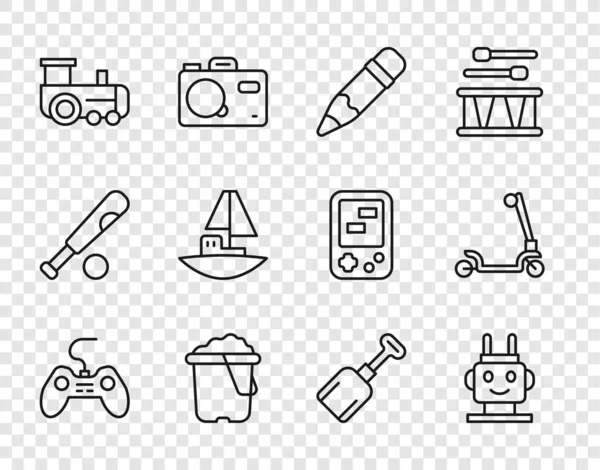 设定线Gamepad，机器人玩具，铅笔与橡皮，砂桶，玩具火车，船，Shovel和罗勒滑板车图标。B.病媒 — 图库矢量图片