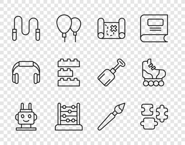 Set line Robot toy, Puzzle pieces, Pirate treasure map, Abacus, Jump rope, Toy building block bricks, Paint brush and Roller skate icon. Vector — Vector de stock