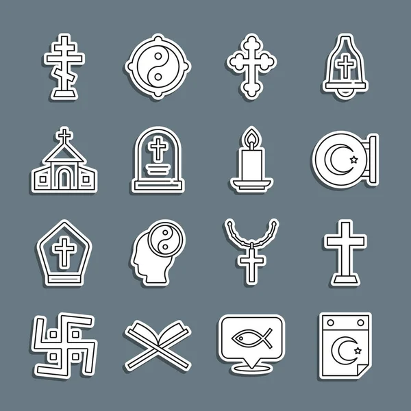 Set line Star and crescent, Christian cross, Tombstone with, Church building, and Burning candle icon. Vector Stock Vector