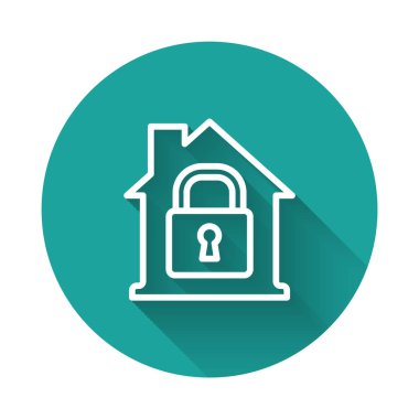 Beyaz Saray uzun gölgeli izole edilmiş koruma ikonu altında. Eve git ve kilitle. Koruma, güvenlik, güvenlik, koruma, savunma konsepti. Yeşil daire düğmesi. Vektör