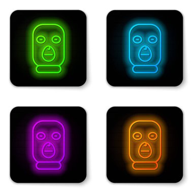 Parlayan neon hattı Hırsız maskesi simgesi beyaz arkaplanda izole edildi. Haydut maskesi, suçlu adam. Siyah kare düğme. Vektör