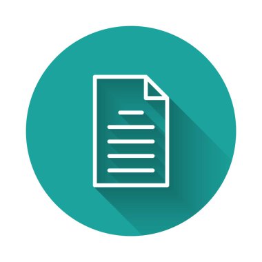 Beyaz çizgi Dosya simgesi uzun gölgeyle izole edildi. Kontrol listesi simgesi. İş konsepti. Yeşil daire düğmesi. Vektör