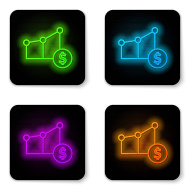Parlayan neon hattı pasta grafiği bilgisi ve dolar sembolü simgesi beyaz arkaplanda izole edildi. Diyagram çizelgesi. Siyah kare düğme. Vektör
