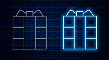 Parlayan neon hattı hediye kutusu simgesi tuğla duvar arka planında izole edildi. Vektör