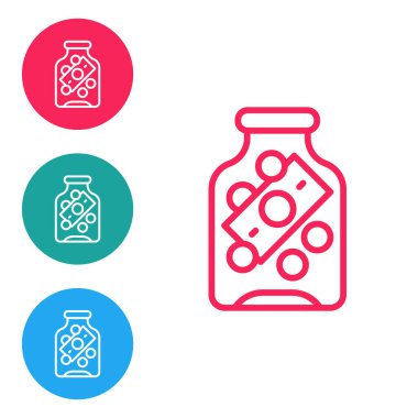 Kırmızı çizgi cam para kavanozu ve beyaz arka planda izole edilmiş madeni para simgesi. Tasarruf ya da para birikimi, yatırım. Simgeleri daire düğmelerine ayır. Vektör