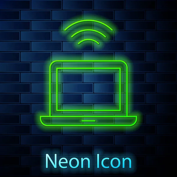 Ligne lumineuse néon icône portable sans fil isolé sur fond de mur de briques. Concept d'Internet des objets avec connexion sans fil. Vecteur — Image vectorielle