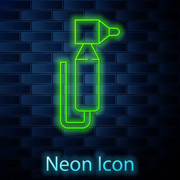 Gloeiende neon lijn Tandboor pictogram geïsoleerd op baksteen muur achtergrond. Handstuk voor het boren en slijpen van gereedschap. Vector — Stockvector