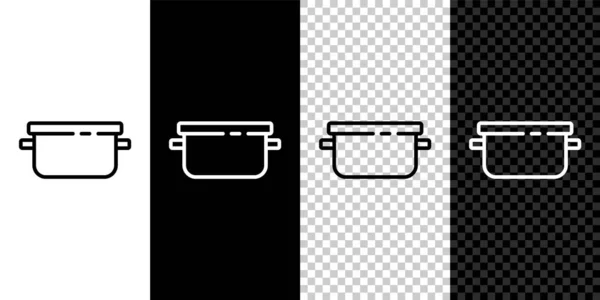 Definir linha ícone do pote de cozinha isolado no fundo preto e branco. Ferva ou guisado símbolo de comida. Vetor —  Vetores de Stock