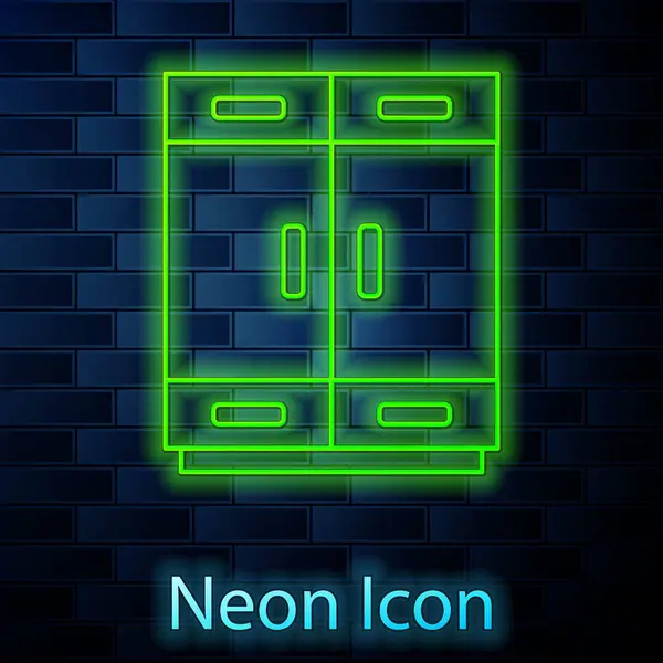 Glowing neon line Wardrobe icon isolated on brick wall background. Vector — Stock Vector