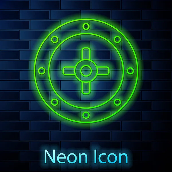 Ragyogó neon vonal Biztonságos ikon elszigetelt téglafal háttér. Az ajtó széf egy páncélterem kombinációs zárral. Megbízható adatvédelem. Vektor — Stock Vector