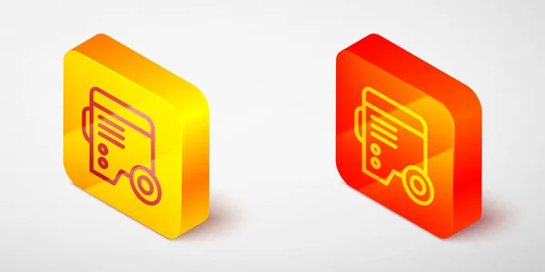 Icono del generador eléctrico de energía portátil de línea isométrica aislado sobre fondo gris. Generador de energía industrial y hogar inamovible. Botón cuadrado amarillo y naranja. Vector — Vector de stock