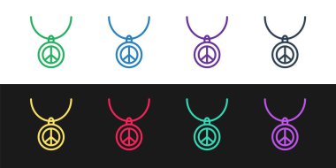 Siyah ve beyaz arkaplanda izole edilmiş barış sembolü simgesi olan çizgi gerdanlığını ayarla. Hippi barış sembolü. Vektör