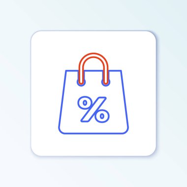 Beyaz arka planda izole edilmiş% 100 indirim simgesine sahip çizgi alışveriş torbası. El çantası işareti. Kadın çanta ikonu. Kadın el çantası işareti. Renkli taslak konsepti. Vektör