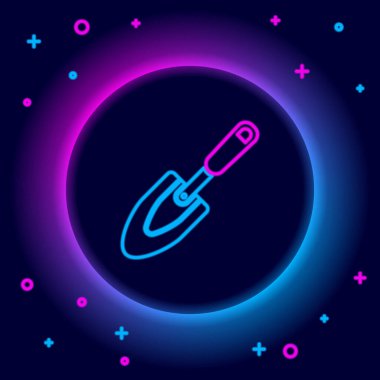 Parlayan neon hattı bahçe küreği ya da kürek ikonu siyah arkaplanda izole edilmiş. Bahçe aletleri. Bahçecilik, tarım, çiftçilik aleti. Renkli taslak konsepti. Vektör