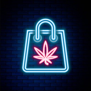 Parlak neon hattı. Tuğla duvarda izole edilmiş tıbbi marihuana veya kenevir yaprağı ikonu torbası. Kenevir almak. Kenevir sembolü. Renkli taslak konsepti. Vektör