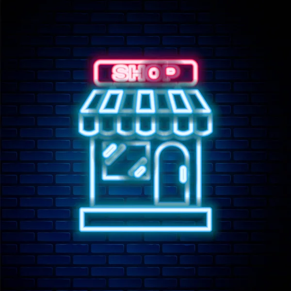 Linha de néon brilhante Edifício de compras ou ícone de loja de mercado isolado no fundo da parede de tijolo. Construção de loja. Conceito de esboço colorido. Vetor —  Vetores de Stock